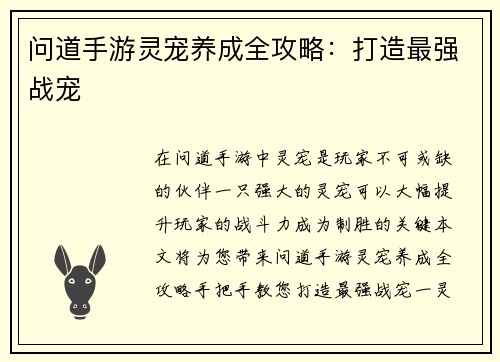 问道手游灵宠养成全攻略：打造最强战宠